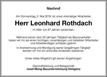 Traueranzeige von Leonhard Rothdach von Memminger Zeitung
