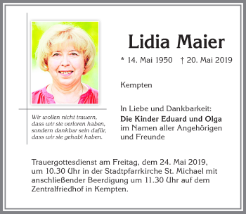 Traueranzeige von Lidia Maier von Allgäuer Zeitung,Kempten