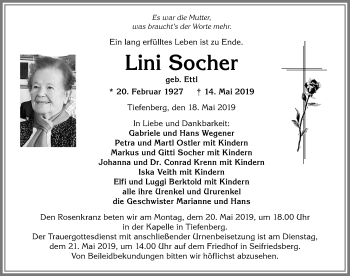 Traueranzeige von Lini Socher von Allgäuer Anzeigeblatt