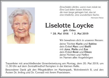 Traueranzeige von Liselotte Loycke von Allgäuer Zeitung,Kempten