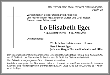 Traueranzeige von Lo Elisabeth Eger von Allgäuer Zeitung,Kempten
