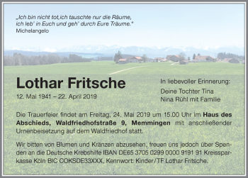 Traueranzeige von Lothar Fritsche von Memminger Zeitung