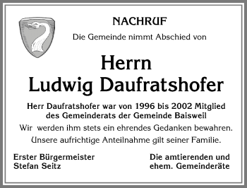 Traueranzeige von Ludwig Daufratshofer von Allgäuer Zeitung, Kaufbeuren/Buchloe