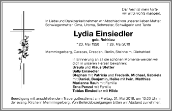 Traueranzeige von Lydia Einsiedler von Memminger Zeitung