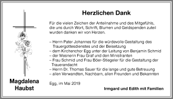 Traueranzeige von Magdalena Haubst von Memminger Zeitung
