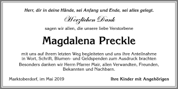 Traueranzeige von Magdalena Preckle von Allgäuer Zeitung, Marktoberdorf