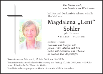 Traueranzeige von Magdalena Sohler von Der Westallgäuer