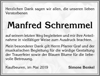 Traueranzeige von Manfred Schremmel von Allgäuer Zeitung, Kaufbeuren/Buchloe