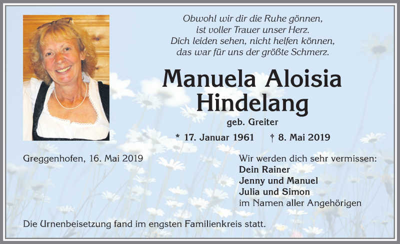  Traueranzeige für Manuela Aloisia Hindelang vom 16.05.2019 aus Allgäuer Anzeigeblatt