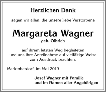 Traueranzeige von Margareta Wagner von Allgäuer Zeitung, Marktoberdorf