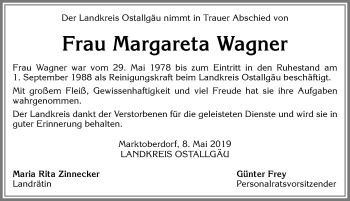 Traueranzeige von Margareta Wagner von Allgäuer Zeitung, Marktoberdorf