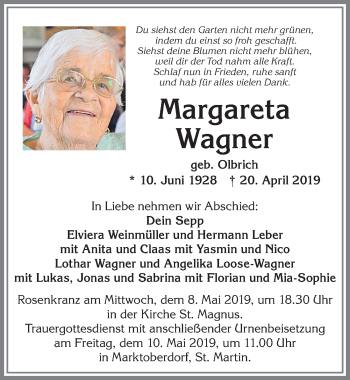 Traueranzeige von Margareta Wagner von Allgäuer Zeitung, Marktoberdorf