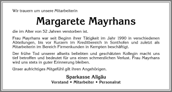 Traueranzeige von Margarete Mayrhans von Allgäuer Zeitung,Kempten