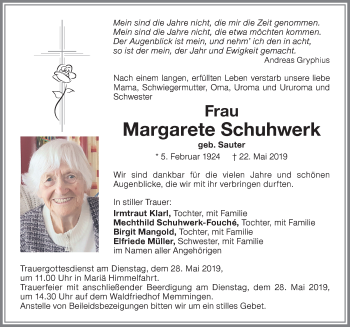 Traueranzeige von Margarete Schuhwerk von Memminger Zeitung