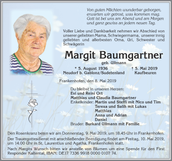 Traueranzeige von Margit Baumgartner von Allgäuer Zeitung, Kaufbeuren/Buchloe