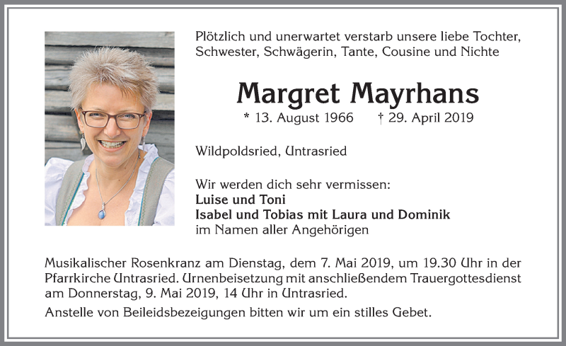  Traueranzeige für Margret Mayrhans vom 04.05.2019 aus Allgäuer Zeitung