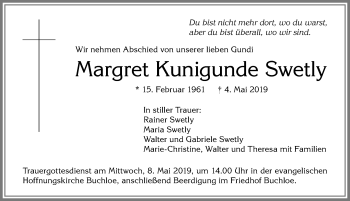 Traueranzeige von Margret Kunigunde Swetly von Allgäuer Zeitung, Kaufbeuren/Buchloe