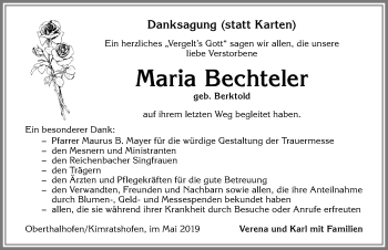 Traueranzeige von Maria Bechteler von Allgäuer Anzeigeblatt