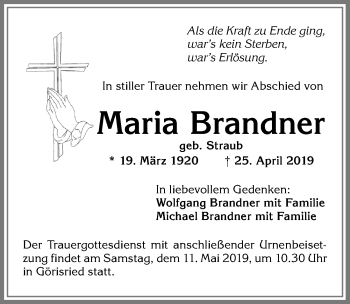 Traueranzeige von Maria Brandner von Allgäuer Zeitung, Marktoberdorf