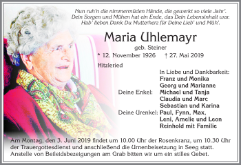 Traueranzeige von Maria Ghlemayr von Allgäuer Zeitung, Füssen