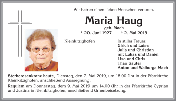 Traueranzeige von Maria Haug von Allgäuer Zeitung, Kaufbeuren/Buchloe