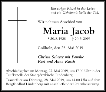 Traueranzeige von Maria Jacob von Der Westallgäuer