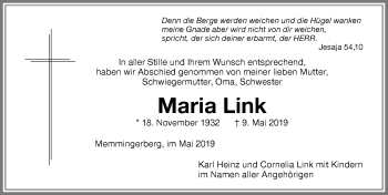 Traueranzeige von Maria Link von Memminger Zeitung