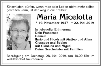 Traueranzeige von Maria Micelotta von Allgäuer Zeitung, Kaufbeuren/Buchloe