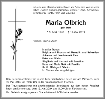 Traueranzeige von Maria Olbrich von Allgäuer Anzeigeblatt