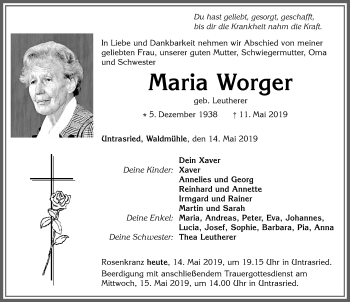 Traueranzeige von Maria Worger von Allgäuer Zeitung, Marktoberdorf