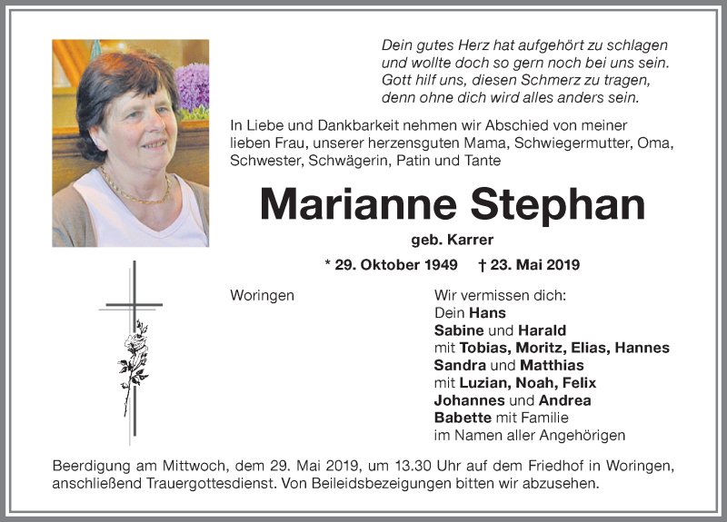  Traueranzeige für Marianne Stephan vom 27.05.2019 aus Memminger Zeitung