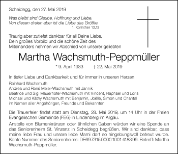 Traueranzeige von Martha Wachsmuth-Peppmüller von Der Westallgäuer