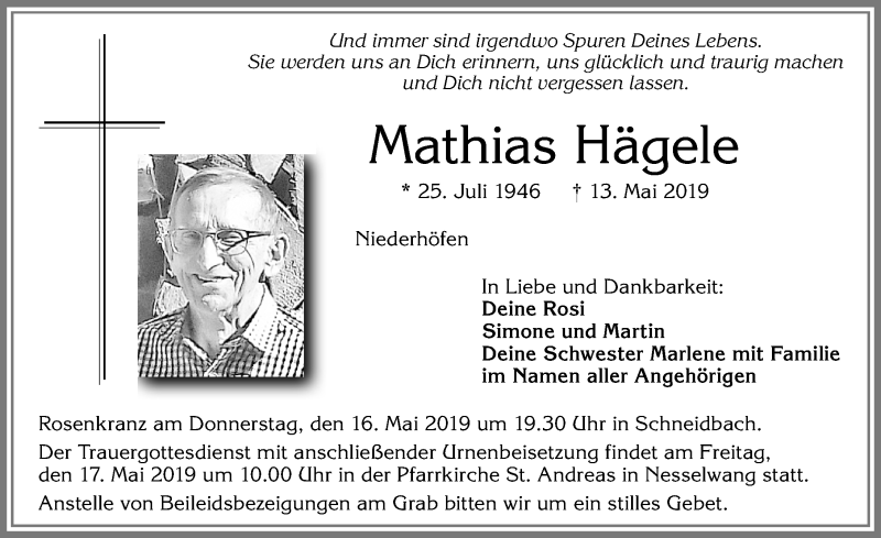  Traueranzeige für Mathias Hägele vom 15.05.2019 aus Allgäuer Zeitung, Füssen