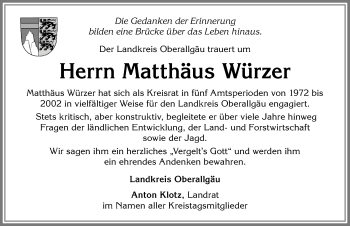 Traueranzeige von Matthäus Würzer von Allgäuer Zeitung,Kempten