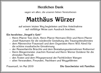 Traueranzeige von Matthäus Würzer von Allgäuer Zeitung,Kempten