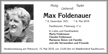 Traueranzeige von Max Foldenauer von Allgäuer Zeitung, Kaufbeuren/Buchloe