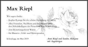 Traueranzeige von Max Riepl von Der Westallgäuer