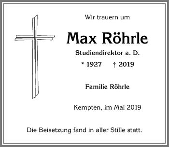 Traueranzeige von Max Röhrle von Allgäuer Zeitung,Kempten
