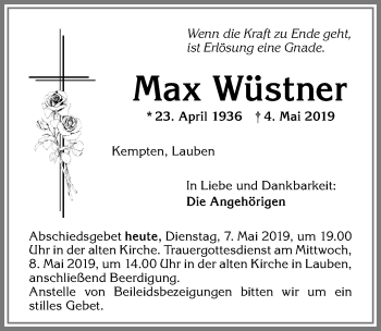 Traueranzeige von Max Wüstner von Allgäuer Zeitung,Kempten