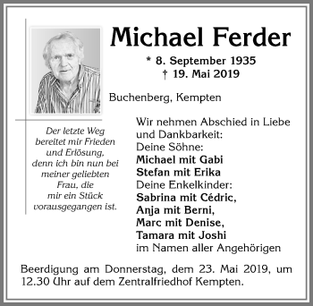 Traueranzeige von Michael Ferder von Allgäuer Zeitung,Kempten