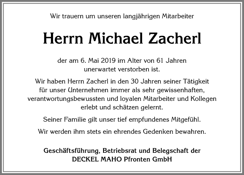  Traueranzeige für Michael Zacherl vom 09.05.2019 aus Allgäuer Zeitung, Füssen