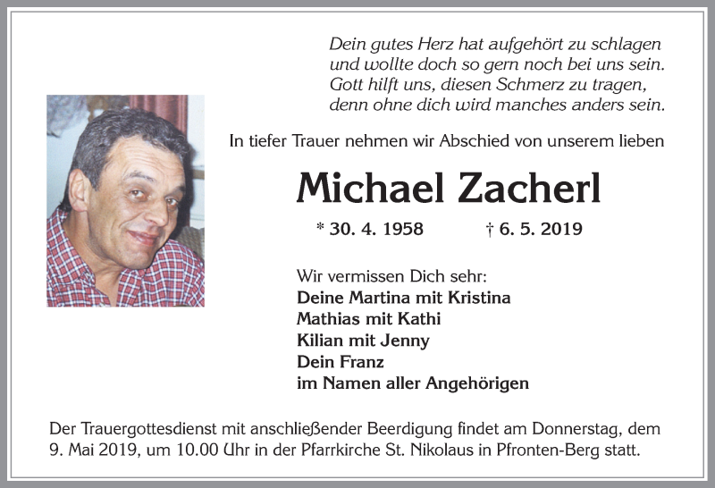  Traueranzeige für Michael Zacherl vom 08.05.2019 aus Allgäuer Zeitung, Füssen