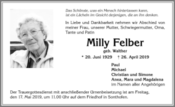Traueranzeige von Milly Felber von Allgäuer Anzeigeblatt