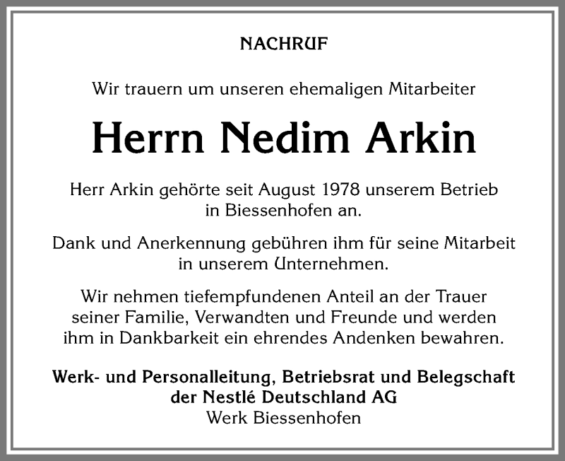  Traueranzeige für Nedim Arkin vom 31.05.2019 aus Allgäuer Zeitung