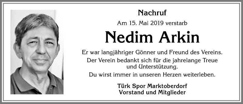  Traueranzeige für Nedim Arkin vom 21.05.2019 aus Allgäuer Zeitung, Marktoberdorf