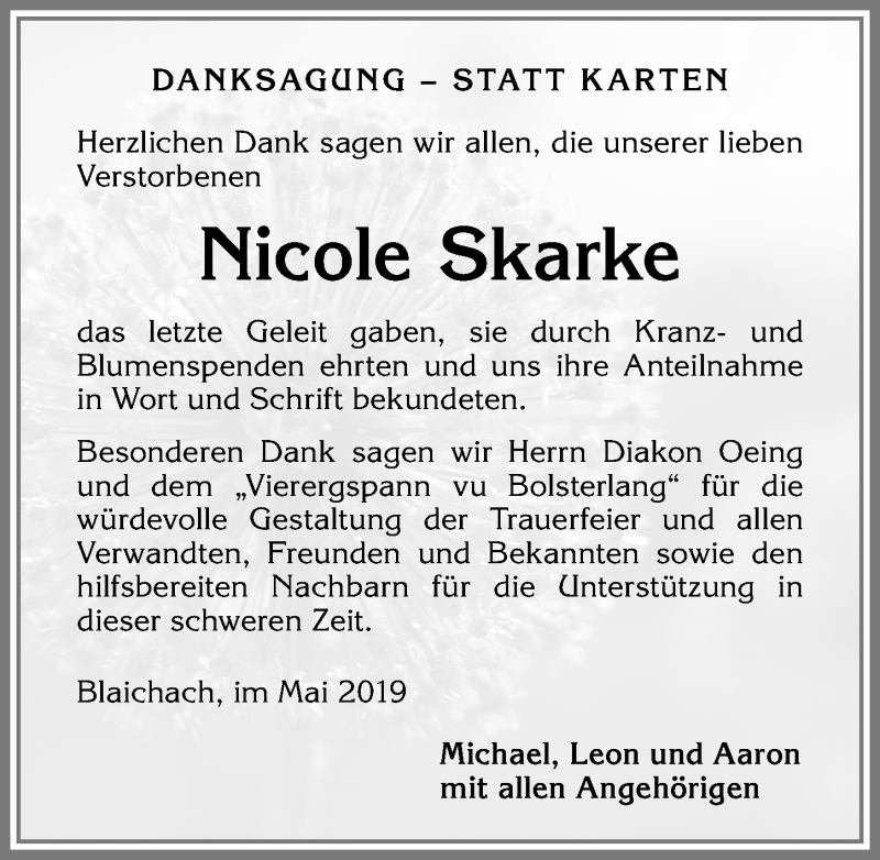  Traueranzeige für Nicole Skarke vom 18.05.2019 aus Allgäuer Anzeigeblatt