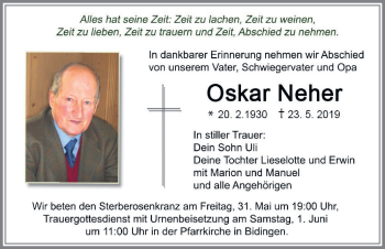 Traueranzeige von Oskar Neher von Allgäuer Zeitung, Marktoberdorf