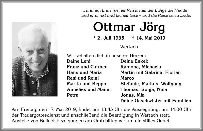  Traueranzeige für Ottmar Jörg vom 16.05.2019 aus Allgäuer Anzeigeblatt