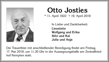 Traueranzeige von Otto Josties von Allgäuer Zeitung,Kempten
