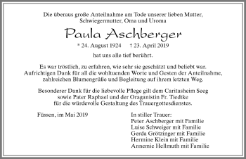 Traueranzeige von Paula Aschberger von Allgäuer Zeitung, Füssen